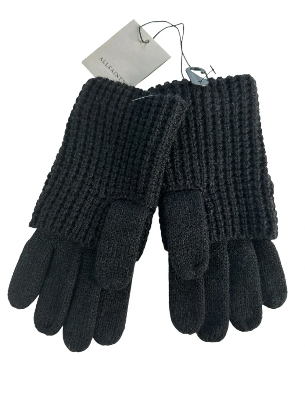 AllSaints Angled Stitch Marled Wool Blend Gloves Black NWT